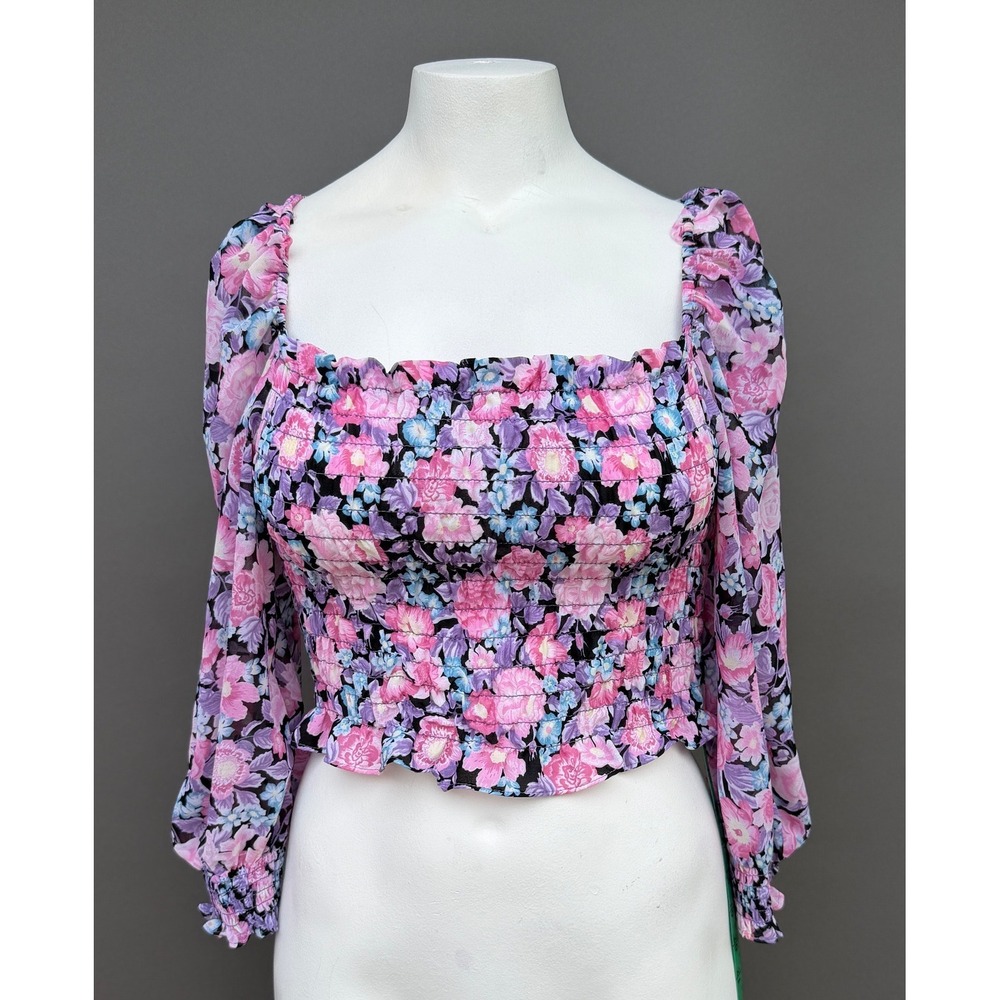 HM Dividedβ Floral Smocked Crop Top Medium Pink Purple Sheer Cottagecore Y2K